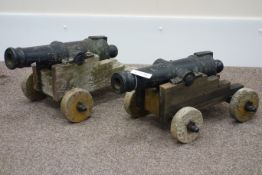 Pair 20th century model cast iron cannons on wooden bases Condition Report <a