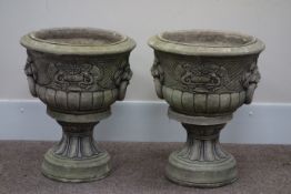 Pair composite stone garden urns on stands with lion motif, D54cm,