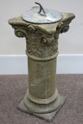 Circular West Country composite stone Corinthian column sundial with lead dial,