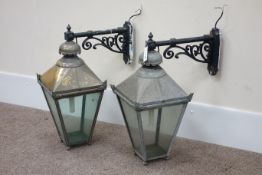 Pair 20th century Victorian style wall hanging electric lanterns, metal wall brackets, H65cm,