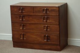 Mid century walnut chest, two short and three long drawers, dovetailed top, W91cm, H77cm,