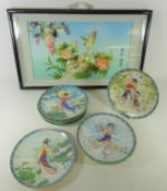 Set of nine Imperial Jingdezhen porcelain circular plates, boxed and a Chinese shell picture,