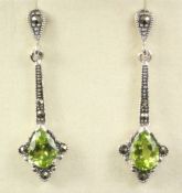 Pair of peridot and marcasite pendant ear-rings stamped 925 Condition Report <a