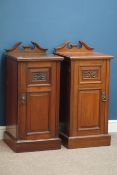 Pair Edwardian walnut bedside cabinets, carved panelled doors, W41cm, H89cm,
