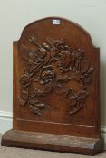 Circa 1941 oak fire screen relief carved with roses, W52cm,