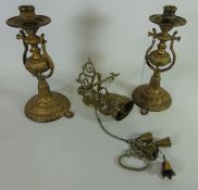 Pair of gilt metal ship's candle sconces and a brass wall mounted bell Condition Report