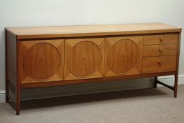 Mid 20th century 'Nathan' teak 'Circles' sideboard, three cupboards and three drawers, W184cm,