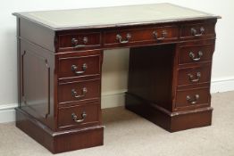Reproduction mahogany eight drawer twin pedestal desk, leather inset top, W124cm, H78cm,