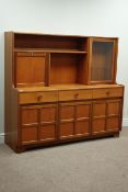 'Nathan' teak sideboard three drawers and three cupboards, raised glazed cupboard and fall front co