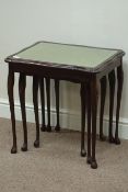 Reproduction mahogany nest of three tables, inset glass tops,