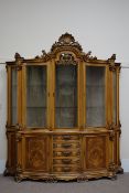 Large continental inlaid walnut serpentine display cabinet, shaped glazed doors,