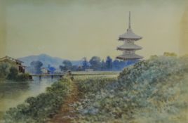 River Scene with Pagoda, watercolour signed Eizo Kato (Japanese 1906-1972),