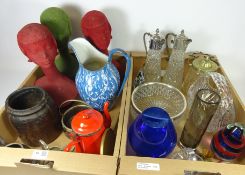 Three Vintage fibre glass and felt shop display heads, wooden brush pot,