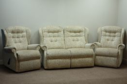Two seat sofa (W140cm), pair matching manual reclining armchairs (W82cm),