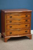 Reproduction walnut serpentine chest, four graduating drawers and slide, W76cm, H78cm,