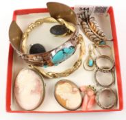 Turquoise set copper bangle, pair hallmarked silver black basalt cuff-links, cameo brooches,