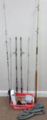 Two Poseidon fibre glass fishing rods, an ABU rod with reel another see rod and various baits,