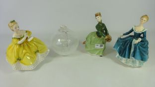 Three Royal Doulton figures and a clear glass witch ball (3) Condition Report
