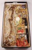 Mother of pearl and bronze owl pendant and costume jewellery in one box Condition Report