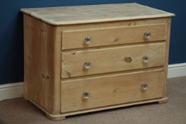 Victorian pine three drawer chest, moulded glass handles, W103cm, H70cm,