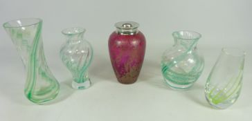 Brierley Studio red overlay glass vase with hallmarked silver neck and four Caithness glass vases