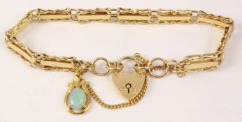 Hallmarked 9ct gold three bar fancy gate bracelet with opal charm and heart lock 10.