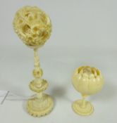 Early 20th Century Ivory puzzle ball and an ivory lotus flower flea trap (2) Condition
