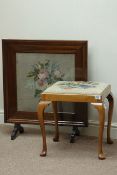 Mahogany framed needle work fire screen and a cabriole legs stool with needle work upholstered seat