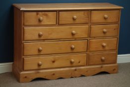 Polished pine nine drawer chest, W129cm, H85cm,