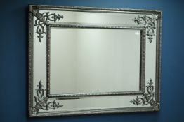 Large rectangular silver cushion framed wall mirror, bevelled glass,