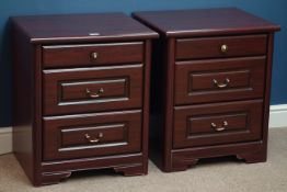 Pair mahogany finish two drawer bedside chests, with slides, W56cm, H66cm,
