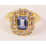 Sapphire and diamond cluster gold ring hallmarked 18ct (sapphire approx 1.