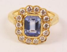 Sapphire and diamond cluster gold ring hallmarked 18ct (sapphire approx 1.