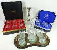 Cut glass decanter and four tumblers with mahogany brass serving tray,