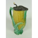 19th/ early 20th Century Majolica Corn on the Cob jug with pewter lid and lozenge mark to base,