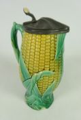 19th/ early 20th Century Majolica Corn on the Cob jug with pewter lid and lozenge mark to base,