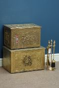 Two Brass slipper boxes and a brass fire companion stand