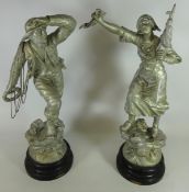 Pair of French Spelter figures of a Lifeboat man and similar woman,