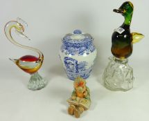 Venetian glass duck on decanter base, another art glass sculpture,