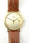 Tissot hallmarked 18ct gold gent's analogue wristwatch with original leather strap box and papers