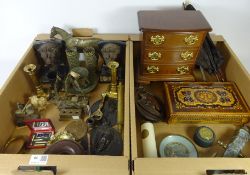 Pair of 19th Century brass candlesticks, bronze cup and saucer sculpture, two relief plaques,