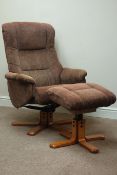 Swivel reclining armchair and matching stool upholstered in brown fabric