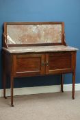 Edwardian mahogany washstand with marble top and back, two cupboards, W107cm, H118cm,