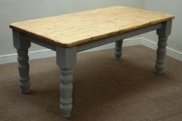 Rustic rectangular pine dining table on turned painted base, 183cm x 91cm,