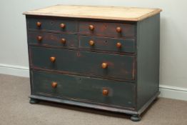 Victorian painted pine six drawer chest, waxed pine top, W114cm, H88cm,
