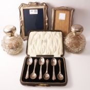 Set of six silver coffee spoons cased, pair of cut glass silver mounted scent bottles,