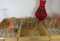 Coloured glassware, crystal, large blown glass vase with metal frame,