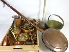 19th Century copper warming pan, brass jam pan, copper colander, spirit measures,