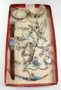 Collection of South West American enamel and turquoise jewellery and wristwatch stamped 925,