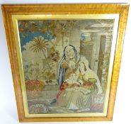 Victorian Needlework St Anne in birdseye maple frame,